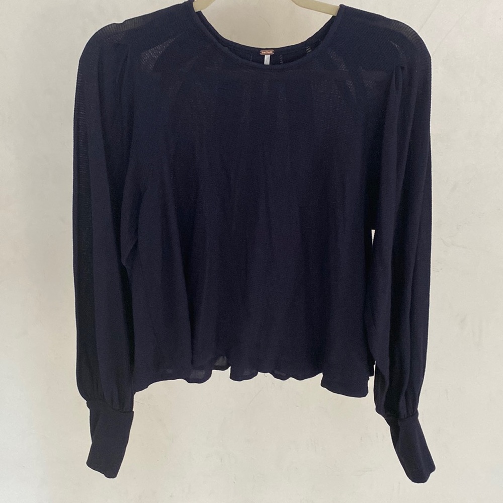 Free People Navy Puff Sleeve Pleated Blouse Size Small